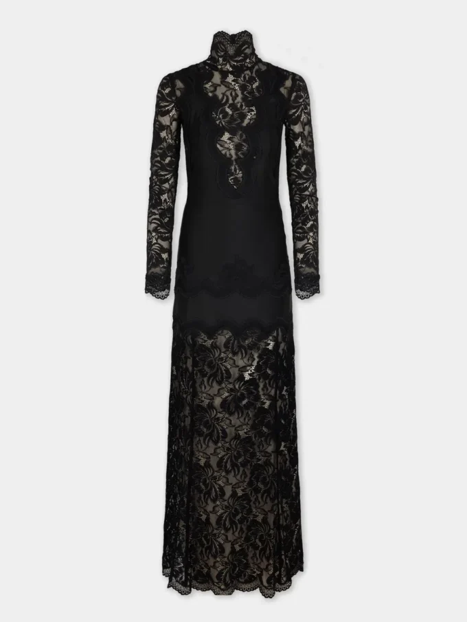 Rochie lungă neagră din dantelă și jersey