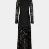 Rochie lungă neagră din dantelă și jersey