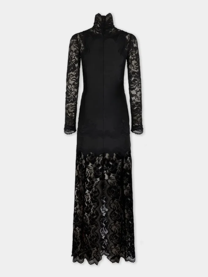Rochie lungă neagră din dantelă și jersey