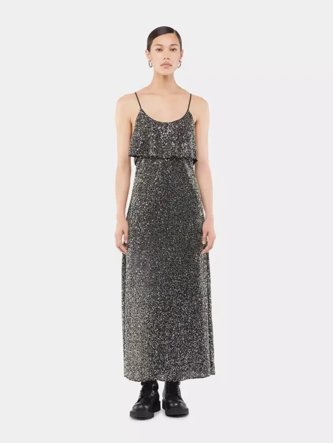 Rochie midi din crep cu detalii brodate cu paiete