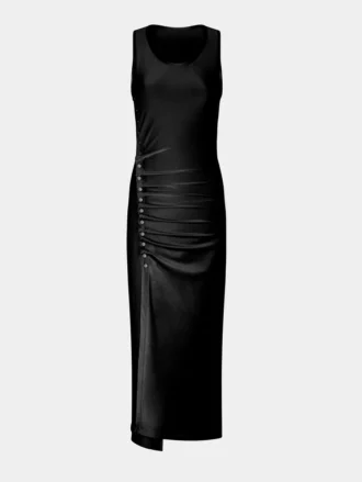 Rochie neagră fără mâneci, drapată, cu nasturi