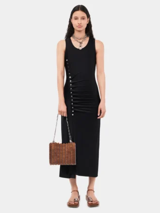Rochie neagră fără mâneci, drapată, cu nasturi