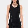 Rochie neagră fără mâneci, drapată, cu nasturi