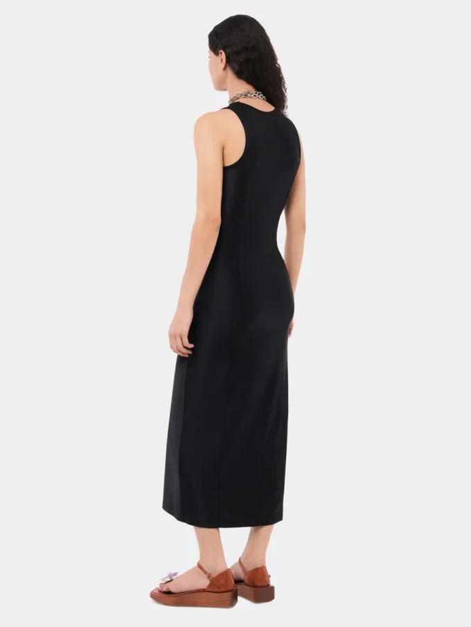 Rochie neagră fără mâneci, drapată, cu nasturi