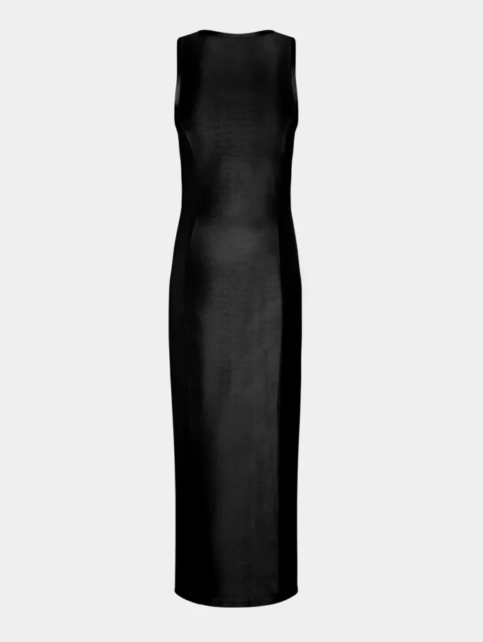 Rochie neagră fără mâneci, drapată, cu nasturi