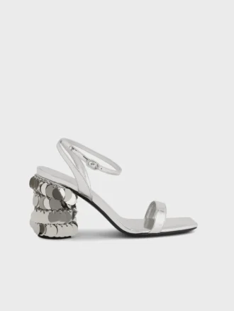 Sandale argintii cu tocuri disc Sparkle