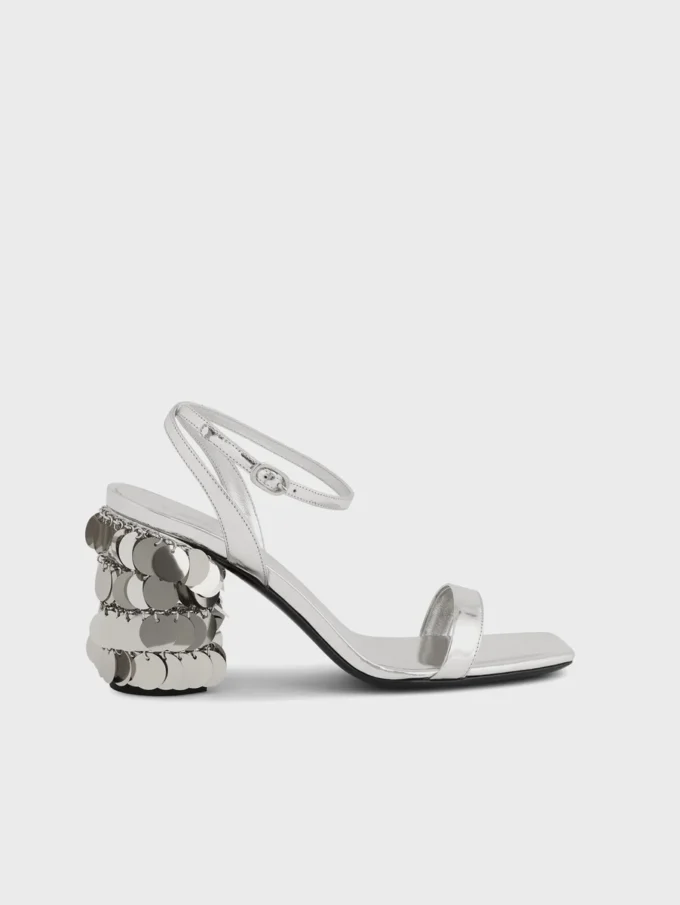 Sandale argintii cu tocuri disc Sparkle