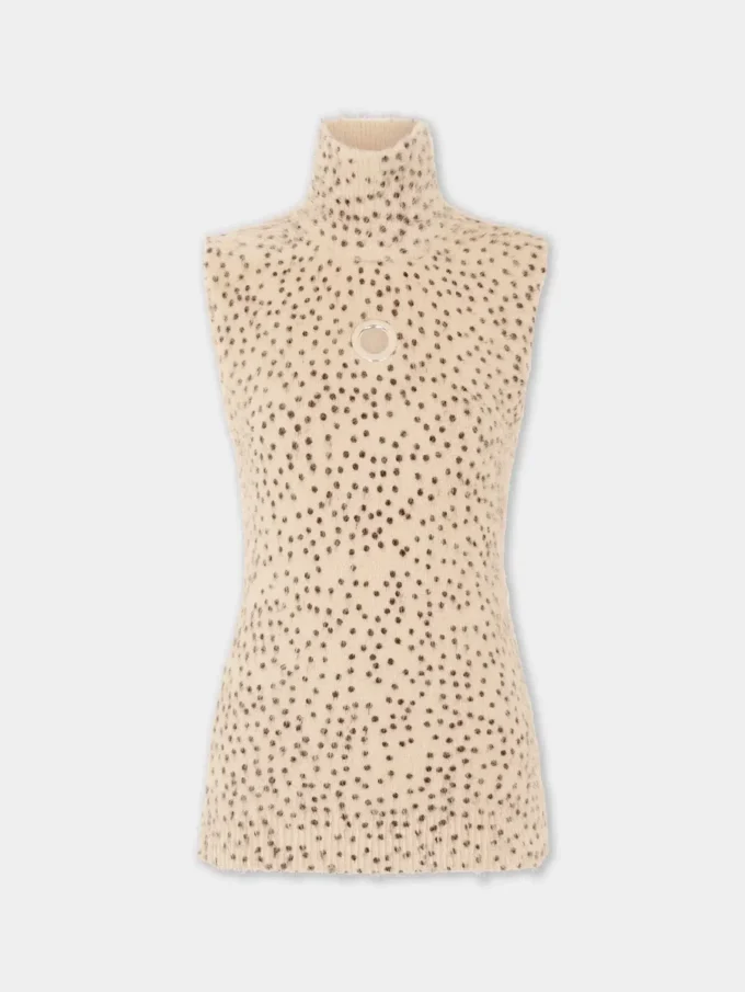Top fără mâneci, cu guler înalt, din tricot periat
