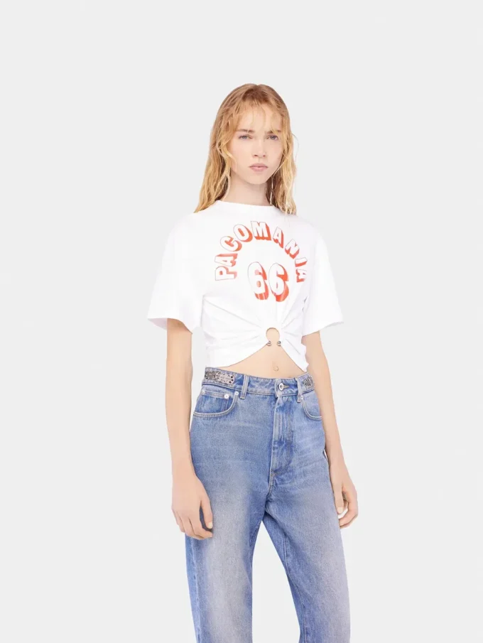 Tricou din bumbac imprimat cu detaliu piercing